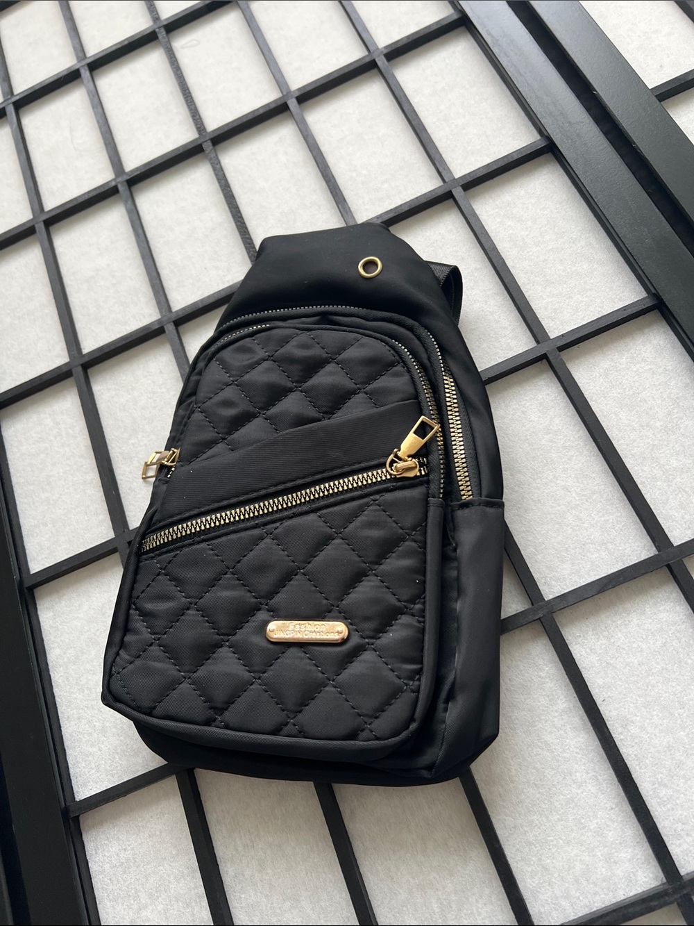 Black Quilted Crossbody Sling Bag with Gold Hardware